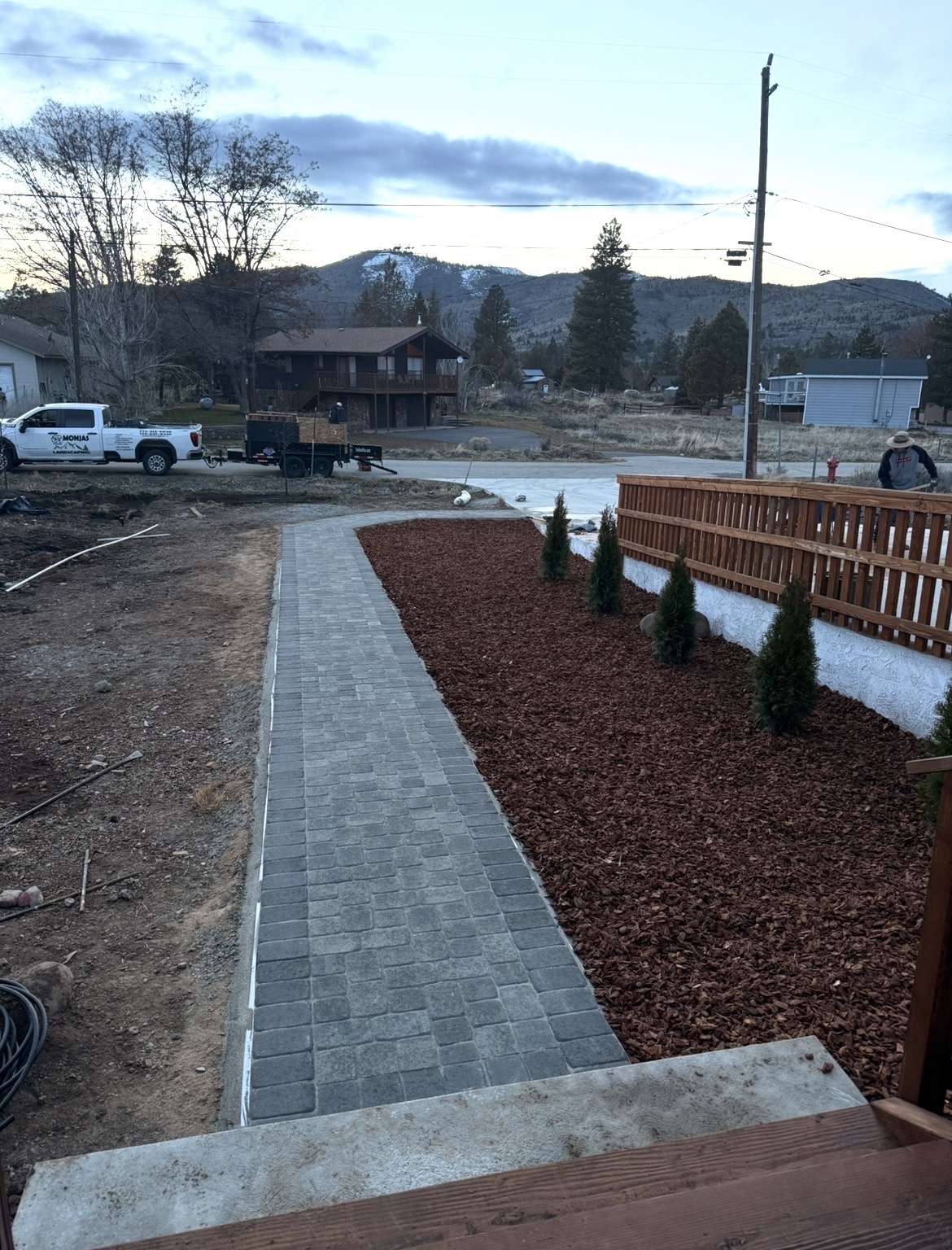 Paver walkway with mulch bed and arborvitae plantings